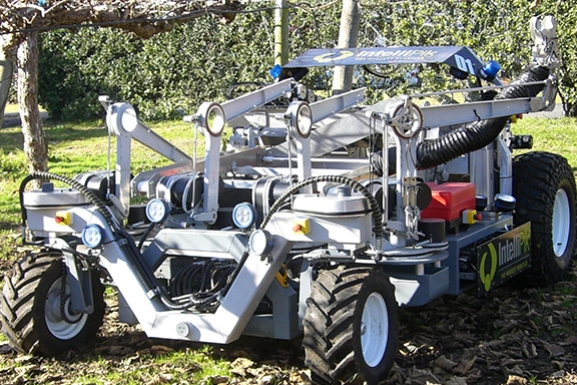 The ‘Multipurpose Orchard Robotics’ project is a four year collaboration between Robotics Plus Ltd, University of Auckland, University or Waikato and Plant and Food Research aiming to automate the harvesting and pollination of kiwifruit and apples. (C) RoboticsPlus