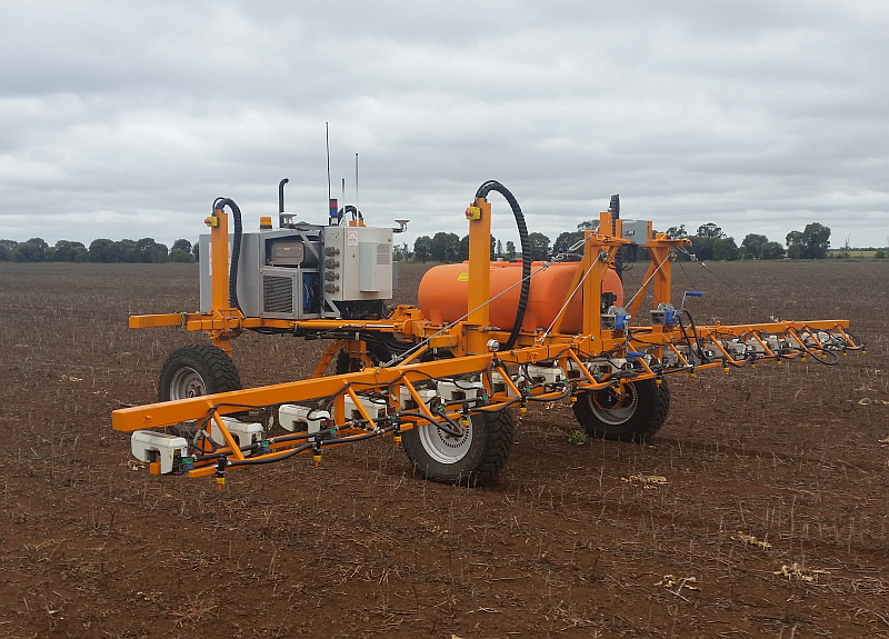 4WD SwarmFarm robots carrying WeedSeeker technology cover the paddock spraying only living weeds